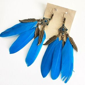 Handcrafted Blue Feather Dangling Earrings